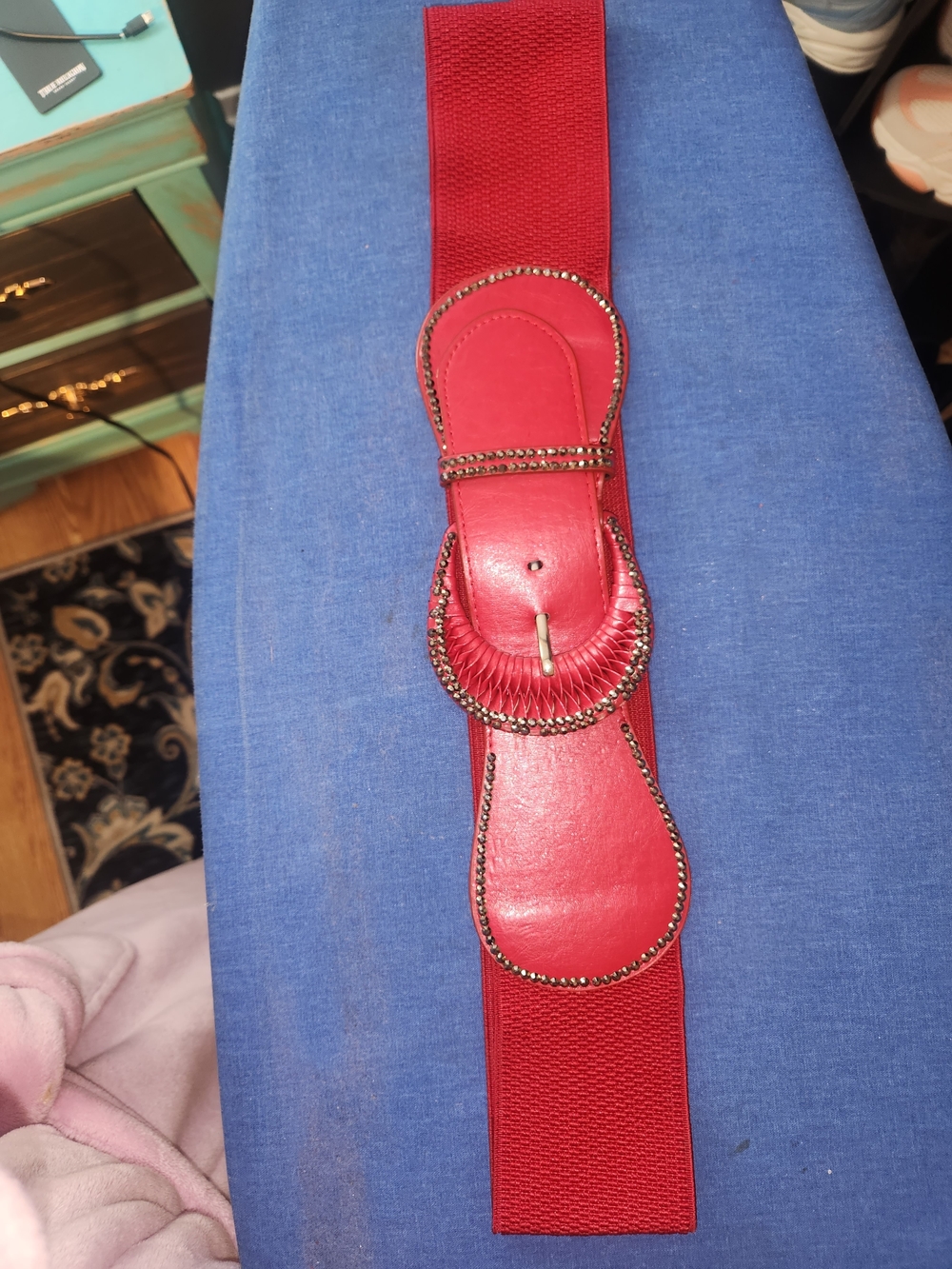 Wide Red Elastic Belt with Decorative Buckle